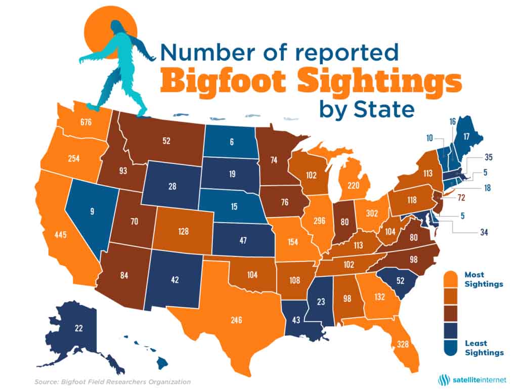 Number of reported Bigfoot Sightings by State map