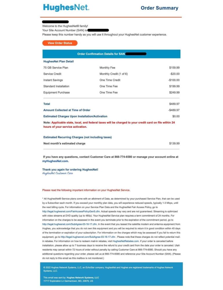 HughesNet email order confirmation and HughesNet plan details
