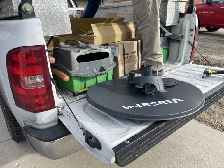 Viasat satellite dish on the back of a pickup truck