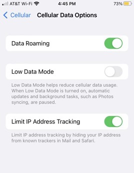 screenshot of iphone roaming on off switch