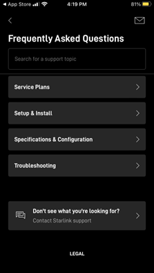 Screenshot of Starlink app support tab