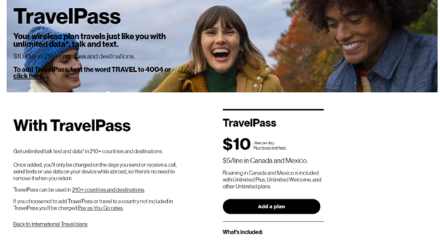 screenshot of travelpass verizon