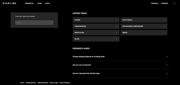 Screenshot of Starlink's customer support web page