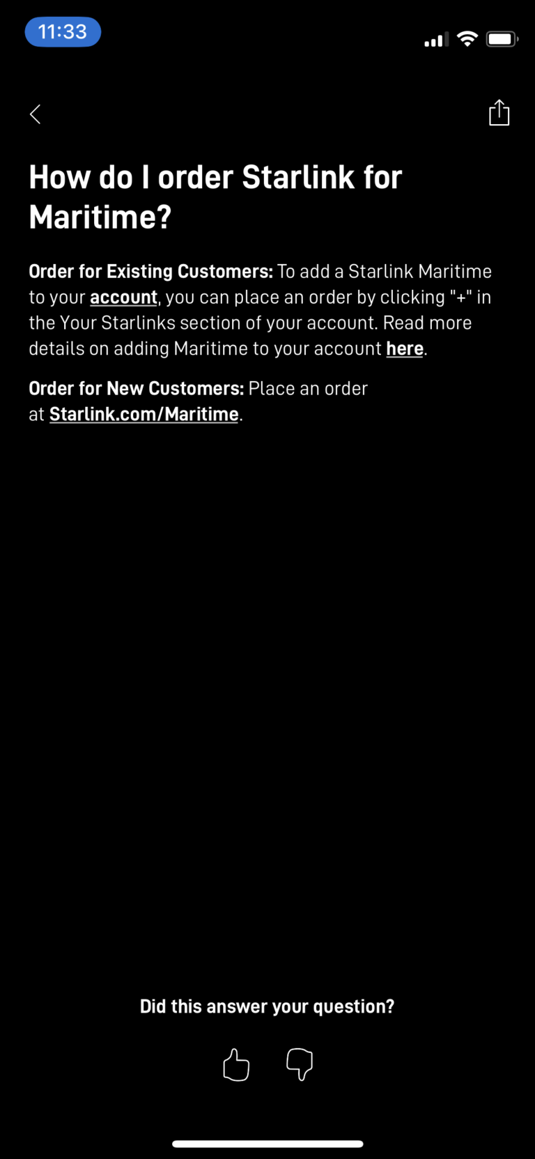 Screenshot of Starlink app’s support center on switching to Starlink Mobile Priority