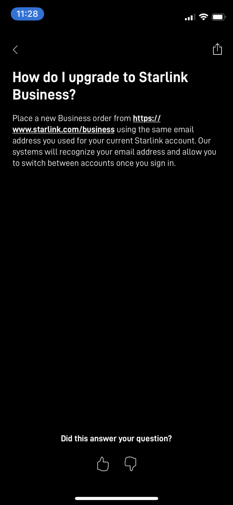 screenshot of Starlink's app support center on upgrading to Roam