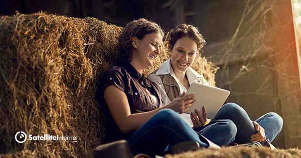 People using internet in barn