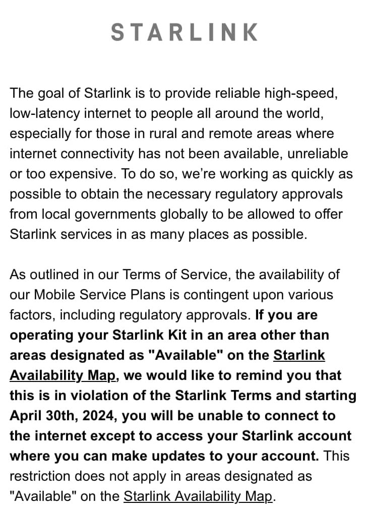 Starlink terms of service information from Starlink Facebook